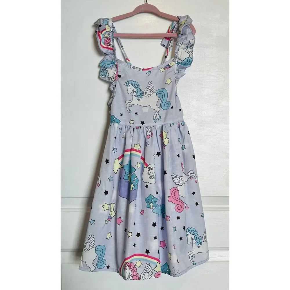 Los Angeles Boutique Girls Unicorn Rainbow Purple Ruffle Tie Back Dress NEW 6